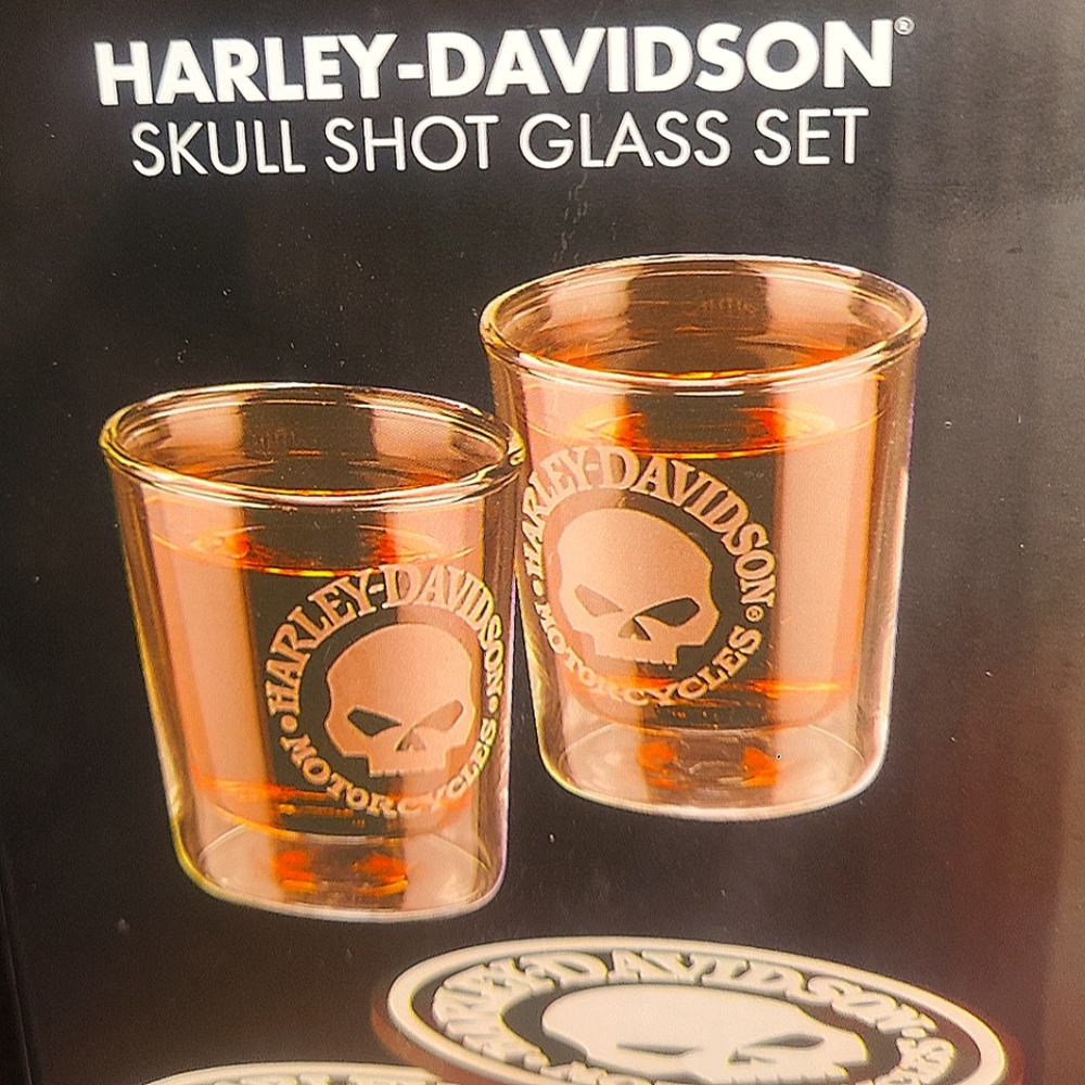 Harley Davidson coaster and shot glass set brand new